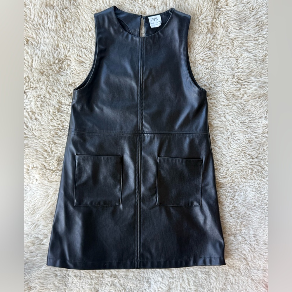 Zara Girls Black Faux Leather Sleeveless Dress